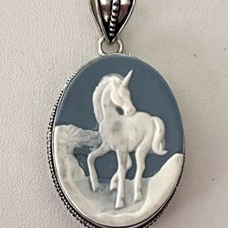 Handcrafted Cameo Unicorn Equestrian Sterling Silver 2” Pendant