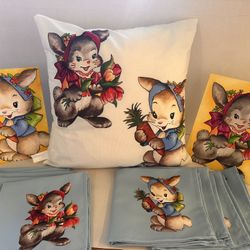 Hand Painted Retro Easter Bunny Artwork, Napkins And Pillow 