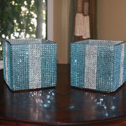 Set of 2 Turquoise Rhinestone Glass Vases – 5” Cube Centerpieces  