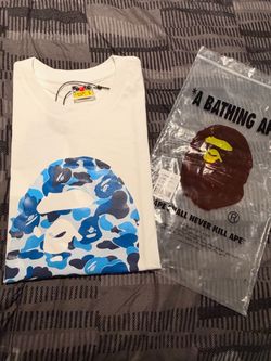 A Bathing Ape BAPE Ape Head Graphic Logo Tee White/Blue Camo Men’s L Crew