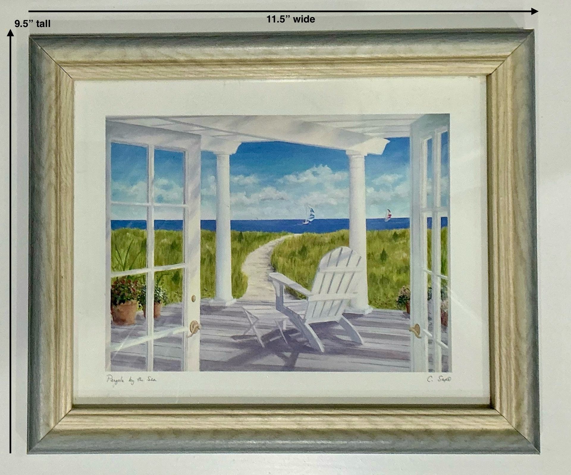 Shabby Gray & Tan Wood Framed Carol Saxe “Pergola By The Sea” Print