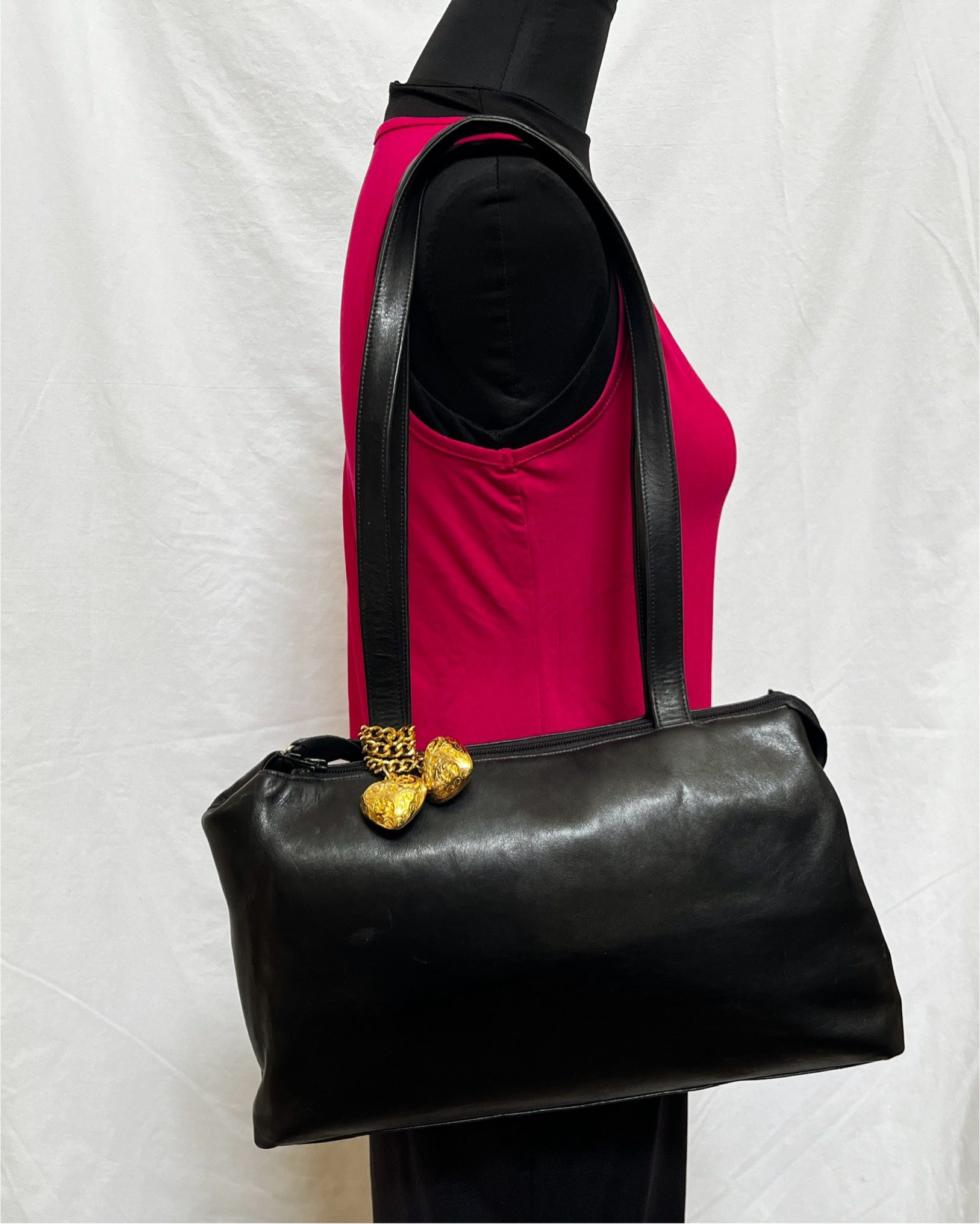 Large Heart Bag Charms On Black Leather Shoulder Bag By Carey Adina