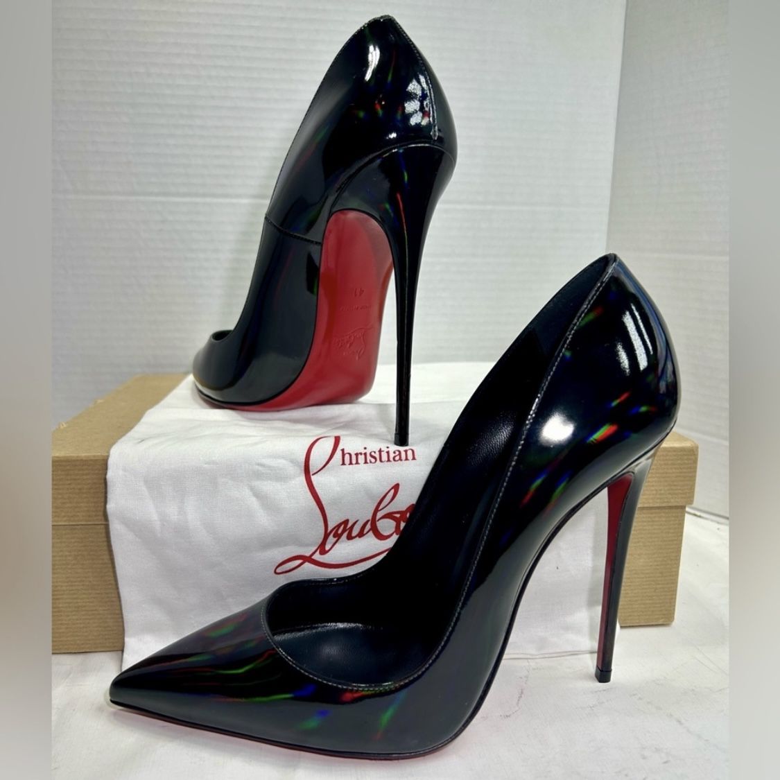CHRISTIAN LOUBOUTIN SO KATE 120 PUMP BLACK PSYCHIC IRIDESCENT PATENT LEATHER SZ 40