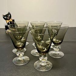 Swedish Crystal 1960s Ingrid Gulli 8 Smoky Lobed Stem Cordial Liquor Glasses, 3x4.5”