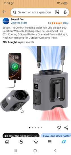 Socool 14500mAh Portable Waist Fan Clip on Belt 360 Rotation Wearable Rechargeable Personal Shirt Fan, 67H Cooling 5-Speed Battery Operated Fans with 