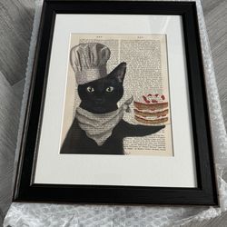NEW 14" x 11" Framed Black Cat Strawberry Cake by Fab Funky Loopy Lolly Wall Art - Retails for $142