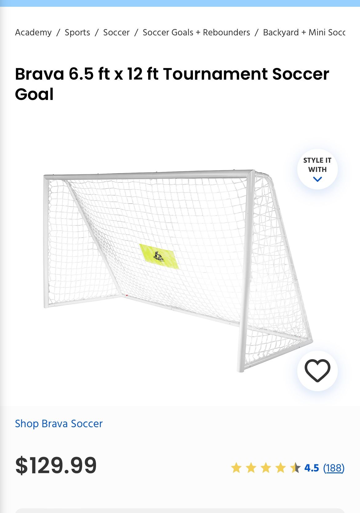 Brava 6.5 ft x 12 ft Tournament Soccer Goal