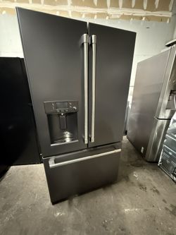 GE Cafe Counter Depth Refrigerator Matte Black w/ Rosegold & Stainless Steel Trim 