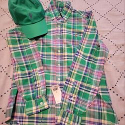 SMALL Ralph Lauren Polo button down with Green Polo cap.
