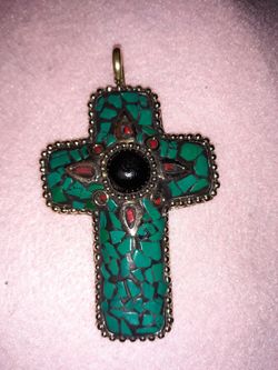 Turquoise, Black Onyx and Red Coral cross