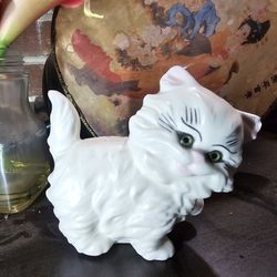 Ceramic Cat, White Persian, Green Eyes, Vintage