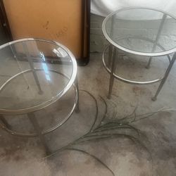 PAIR OF Round Chrome Glass Top  Tables