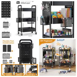 3 Tier Rolling Cart Metal with DIY Pegboard