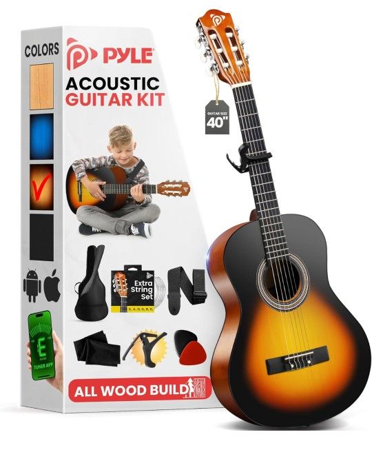 Pyle Beginner Acoustic Guitar Kit, 1/2 Junior Size All Wood Build Nylon String Instrument with Capo, Gig Bag, Strap, Extra String Set, Guitars for Beg
