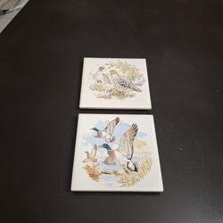 Vintage 1970's Porcelain Tile Art Set Of 2 Footed Trivets - Flying Mallards & Gray Partridges 4.25"Sq