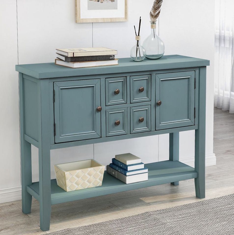 46 in. Dark Blue Standard Rectangle Wood Console Table with 4-Storage Drawers