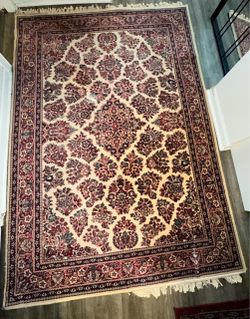 Vintage 100% Pure Virgin Wool Area Rug - Made in Belgium (  Sarouk Ivory, 5'7" x 8'4")