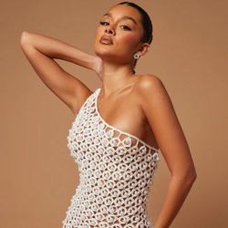 Fashion Nova White One-Shoulder Pearl Mesh Maxi Dress Size: Small