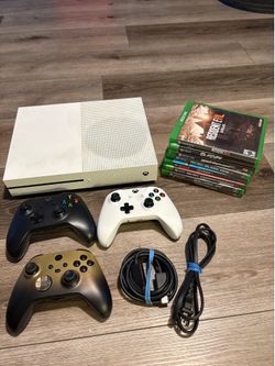 Xbox One S 1TB  w/ 3 working controllers, HDMI/Power Cables + 8 games. READ DESC
