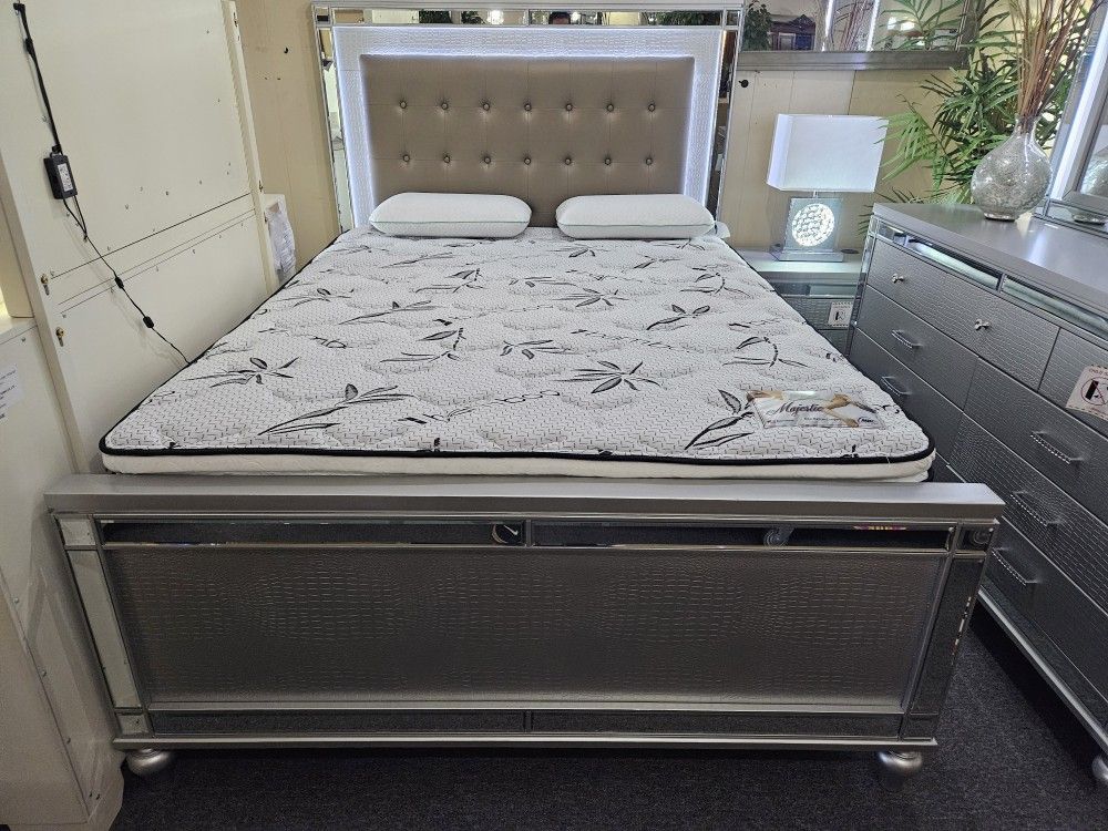 Brand New Silver Modern LED Queen Bedframe
