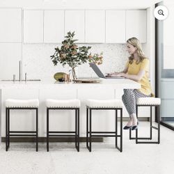 LUE BONA Juego de 4 Taburetes de Bar con Altura de Mostrador y Asiento de 24", Cuero Sintético Moderno, para Cocina, Blanco 