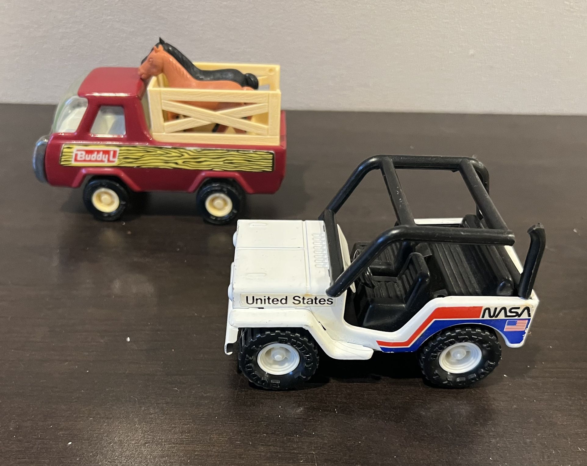 Lot of 2 Vintage Buddy L Trucks - Horse Rack Truck w/Horses & NASA Jeep