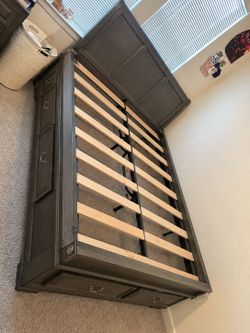 Dark Gray Wood Platform Bed Frame with Storage Drawers