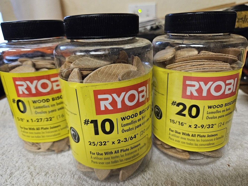 Wolfcraft and Ryobi Wood Biscuits 2-#0, 3-#10, 3-#20