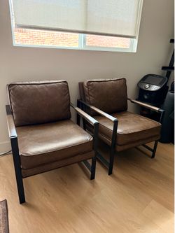 Mid-century Brown Leather Accent Chairs For Sale!