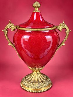 Red Ceramic Urn with Gold Bronze Mounts