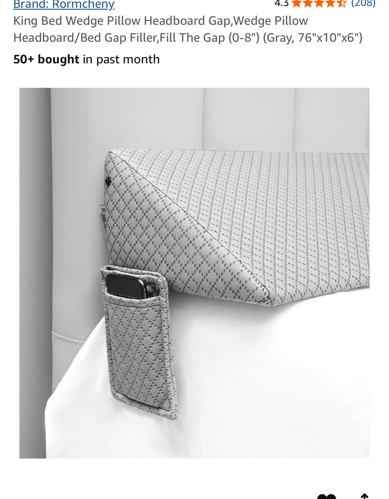 King Bed Wedge Pillow Headboard Gap,Wedge Pillow Headboard/Bed Gap Filler,Fill The Gap (0-8") (Gray, 76"x10"x6")