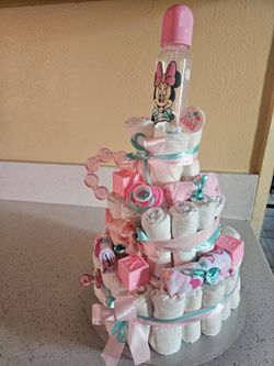 3 Tier Diaper Cake girl with teal blue & pink ribbons