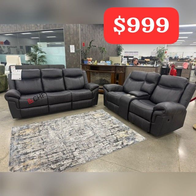 Black Leathertte 2 Piece Reclining Sofa And Loveseat Set