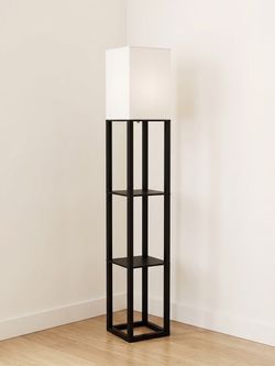 Shelf Floor Lamp - Black Frame with Built-In Shelves, Square White Shade
