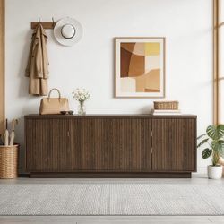 68.5" Wood 4-Door TV Stand Storage Cabinet - CHOCOLATE  Vertical fluted doors and concealed pulls define the clean structure of this four-door storage