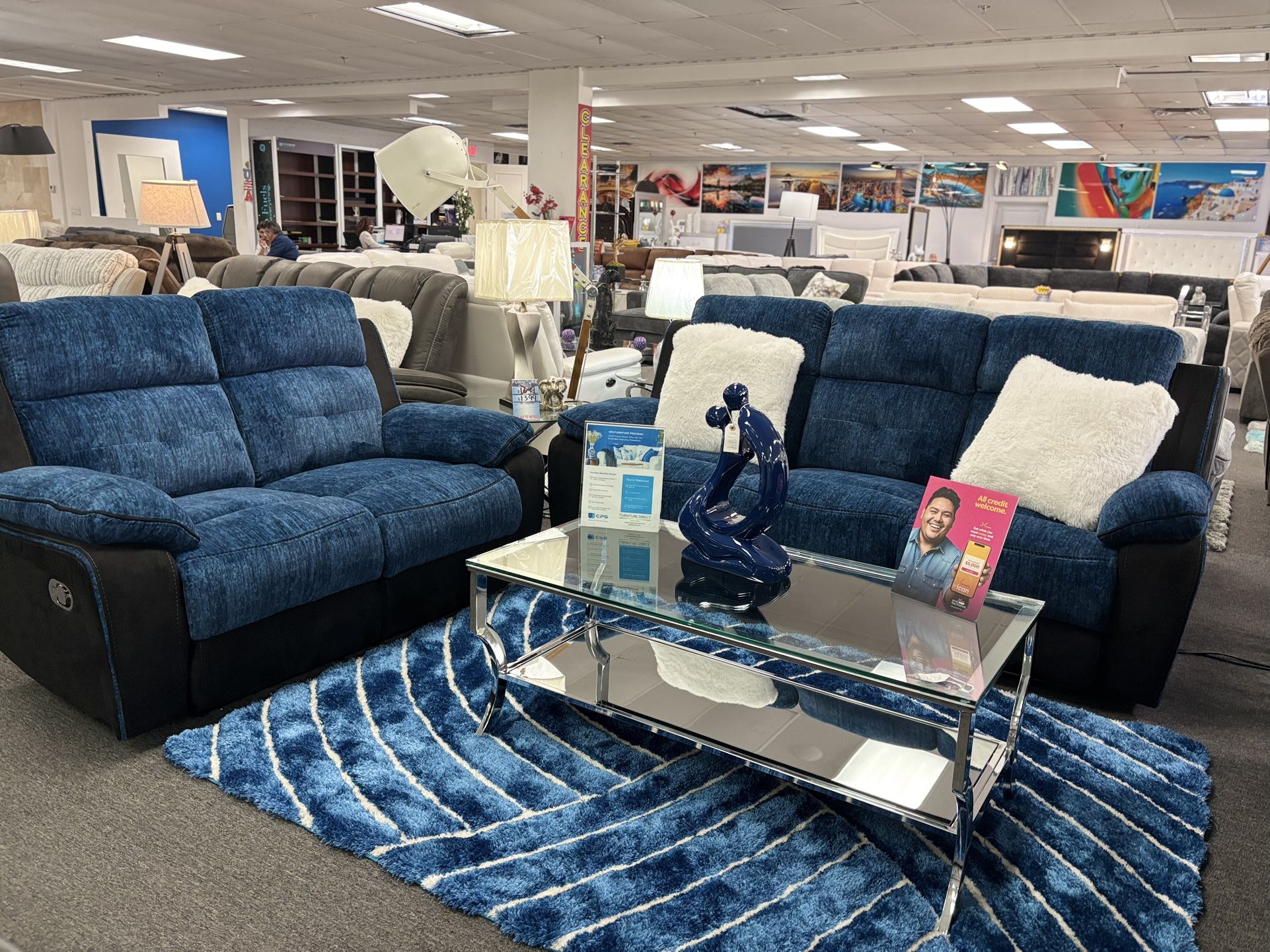 Blue Sofa & Loveseat Set For Sale, Manual Recliners (brand New Furniture)
