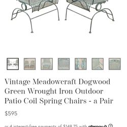 Vintage Meadowcraft Dogwood Green Wrought Iron Outdoor Patio Coil Spring Chairs - a Pair

