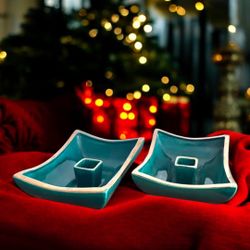 MCM Square Emerald Green & Gold Ceramic Candle Holders Ralph Lauren Christmas