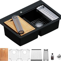 Karran QTWS-880 33" Top Mount Quartz Composite Workstation Kitchen Sink, Drop-In 50/50 Double Bowl with Cutting Board, Roll-Up Drying Rack, Colander a