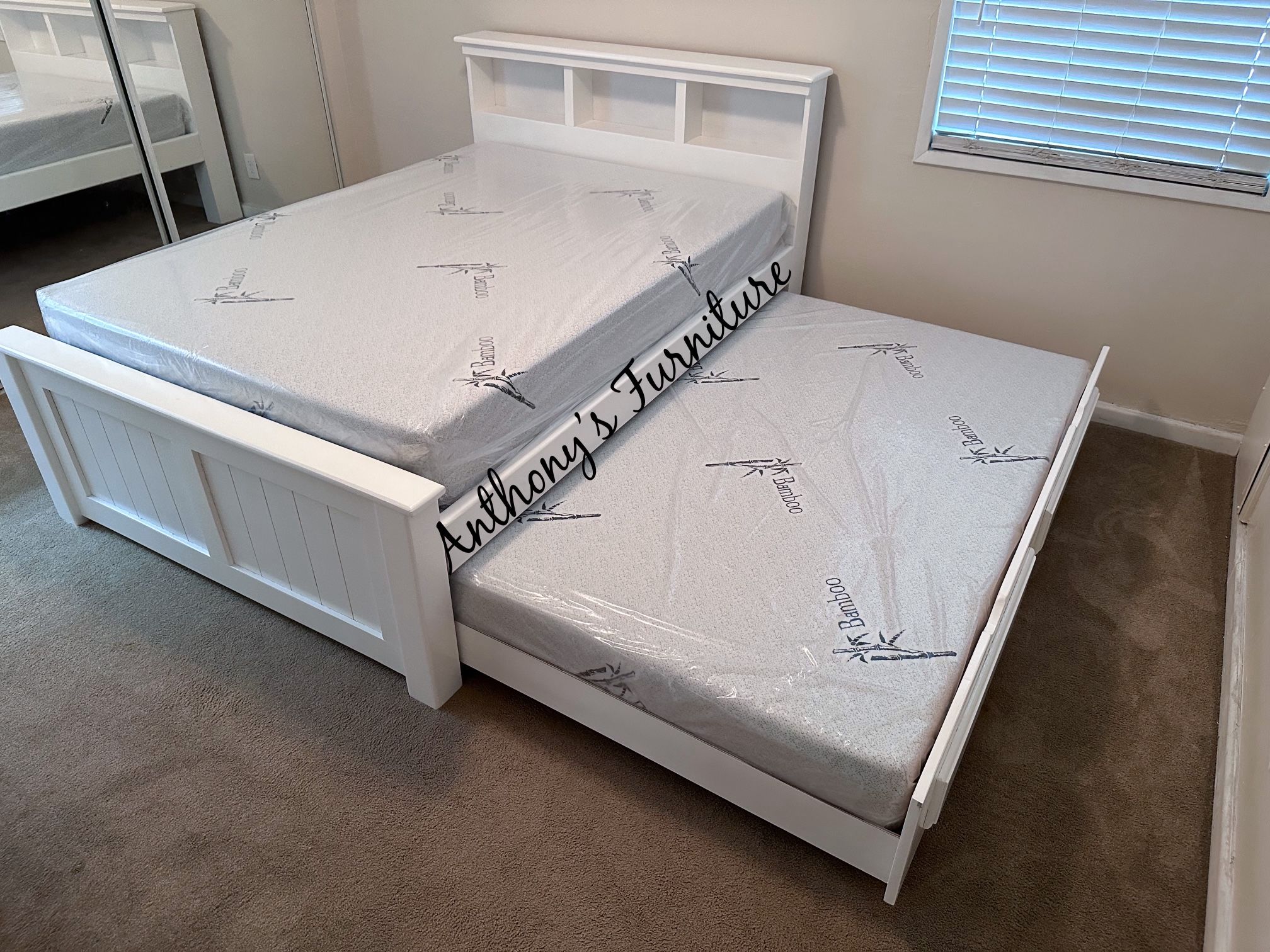 White Full Bed With Trundle And Mattresses 