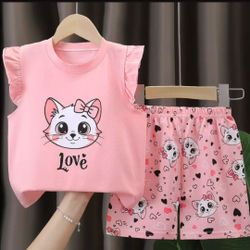 Premium 100% Pure Cotton Sweet Kitty Summer Short Set - Flutter Sleeve Edition