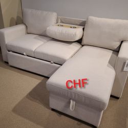 comfortable beige Boucle fabric sectional pullout sleeper bed w/ charging ports