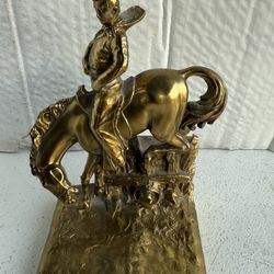 Vintage: Mid 20th Century Ranch Rodeo Western Cowboy Horse and Rider Solid Bronze Brass Bookend Statue 