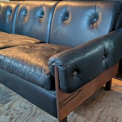 Vintage Sofa W Rosewood Frame Scandinavian Mid-Century Couch Tuft Leather Sofa Please Read   