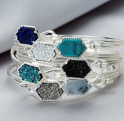 Hexagon silver druzy bangle bracelet