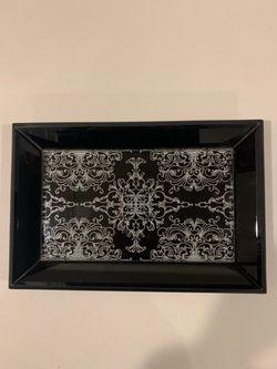 Black Decorative Tray with Silver Scroll Pattern