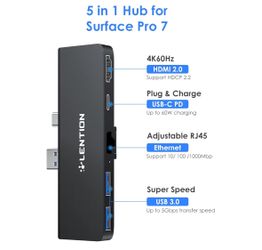 LENTION Surface Pro Dock, 5-in-1 Surface Pro 7 Hub, 4K@60Hz USBC to HDMI Hub, USB C to Gigabit Ethernet Hub, 2 x USB 3.0 Hub, PD 60W Type C Charging P