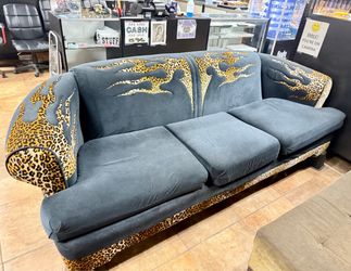 Custom Rock n Roll Leopard Print Flame Velvet Hot Rod 96” couch sofa