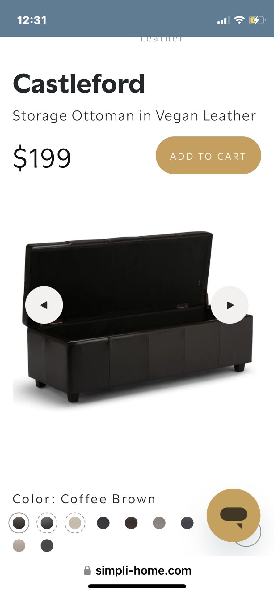 New Unused SimpliHome Brown Storage Ottomon