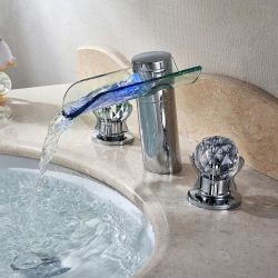 Morga LED Lighted Waterfall Bathroom Widespread Sink Faucet with Crystal Handles-058